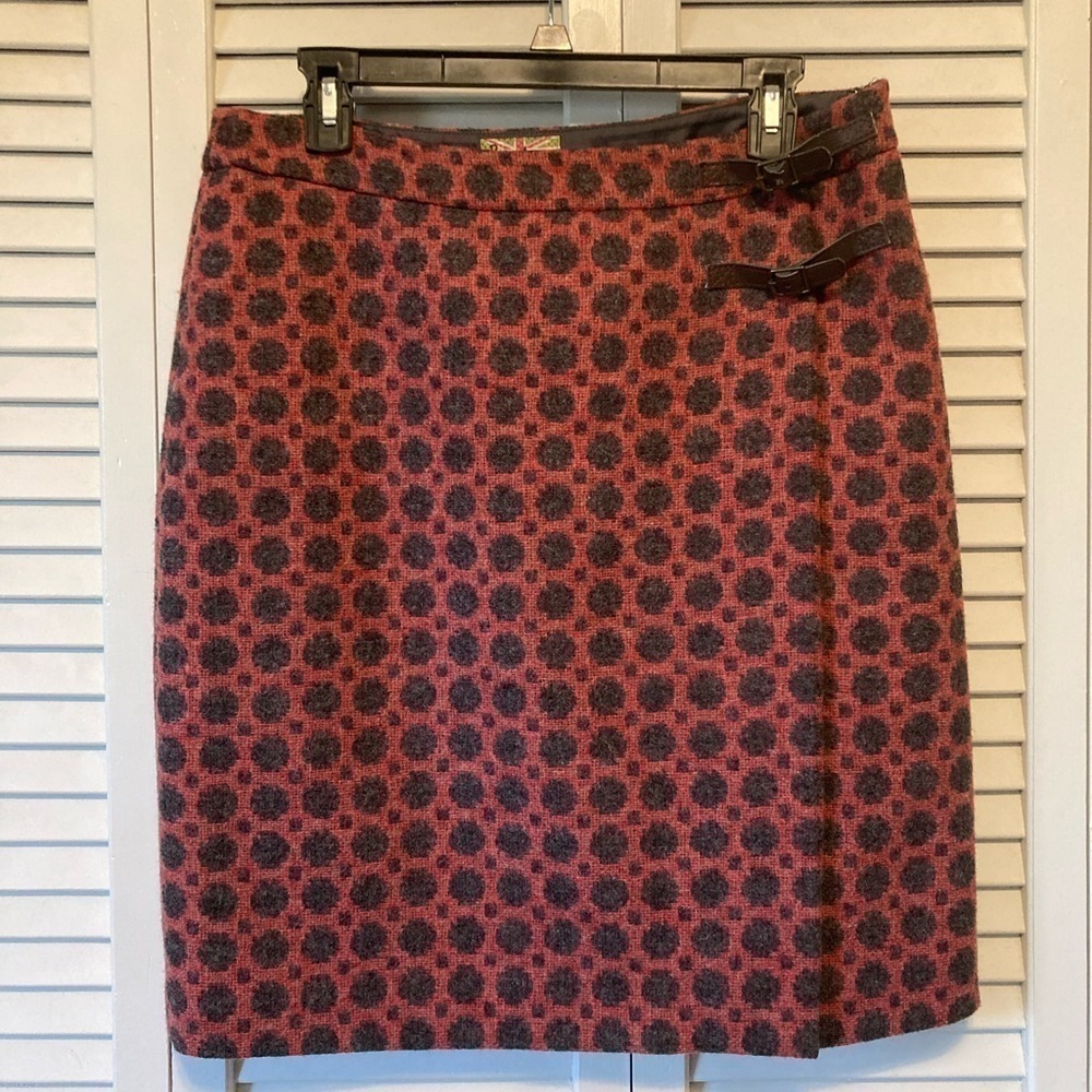 Boden British Tweed by Moon Wool Polka Dot Pink Faux Wrap Skirt Size 10